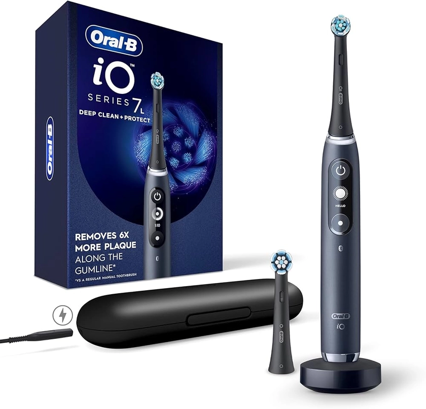 Oral-B iO Deep Clean + Protect Rechargeable Electric Toothbrush, Black with a iO Series 7 Toothbrush, 2 Replacement Brush Heads, and a Charging Travel Case