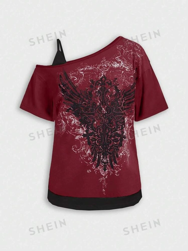 ROMWE Grunge Punk Women's Dark Punk Wing Pattern Print Rhinestone Slash Neck Loose 2 In 1 T-Shirt