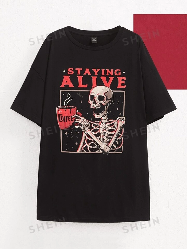 Eduely Artist Dark Plus Size Skeleton & Slogan Graphic Drop Shoulder Tee STAYING ALIVE,Women Clothes,For Summer, Cotton