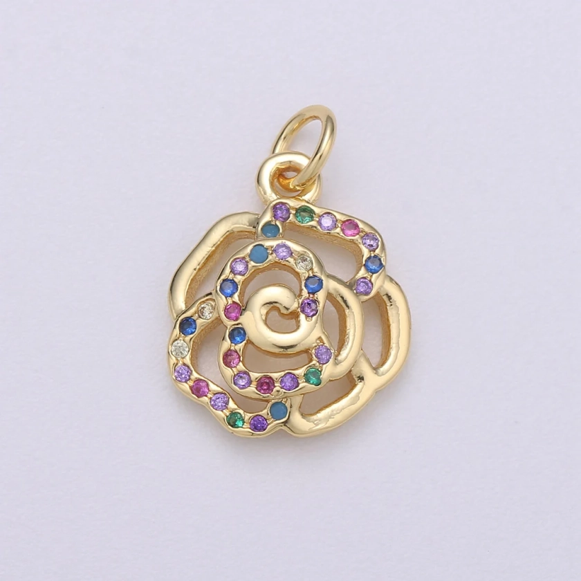 14k Gold Rose Charm Micro Pave Openwork Flower Charm, Rainbow Cubic Charms, CZ Gold Colorful Charm, Dainty Minimalist Jewelry Supply 513 - Etsy
