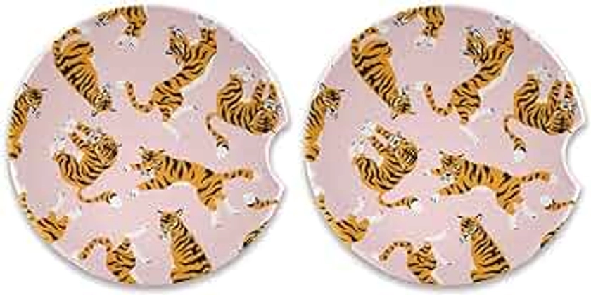 KEEPREAL 2 Pack Cute Tiger Car Coasters for Drinks Absorbent, Ceramic Car Cup Holder Coaster for Your Car with Fingertip Grip, 2.5 inch
