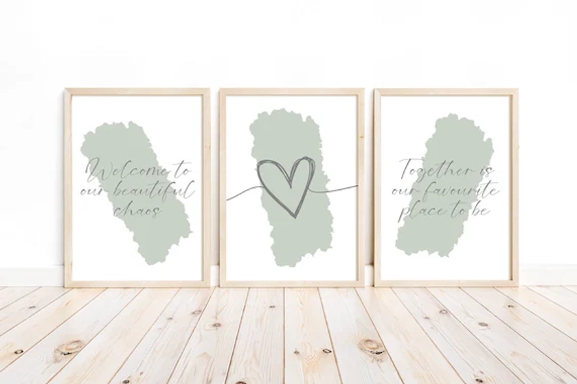 Sage green and grey our favourite place set of 3 prints, welcome to, sage green typography prints, grey wall art, set of 3 unframed prints