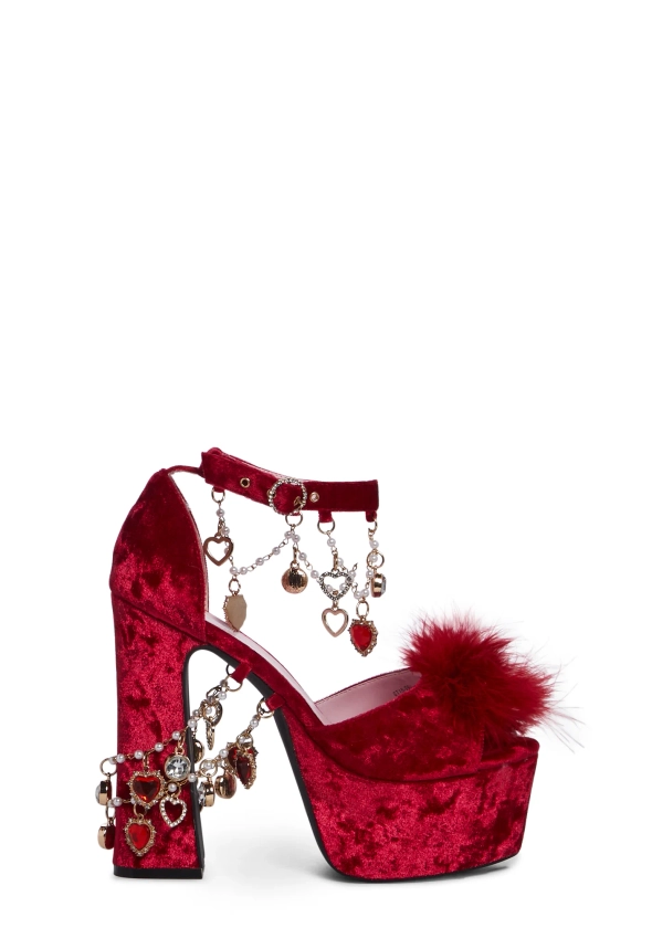 Sugar Thrillz Velvet Platform Rhinestone Beaded Heels - Red