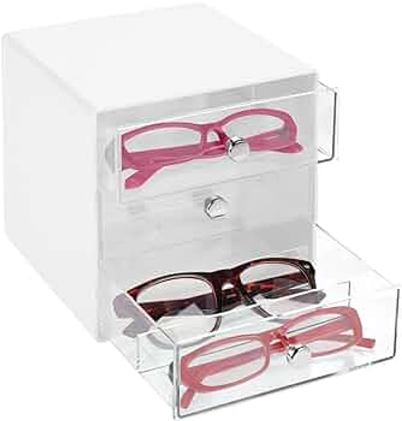 mDesign boîte de rangement pour lunettes – support à lunettes en plastique avec 3 tiroirs – accessoire de rangement pour lunettes de lecture ou de soleil – transparent et blanc