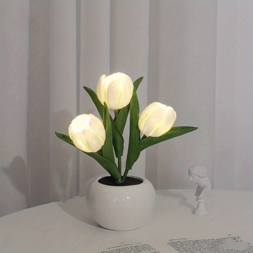 1pc USB Tulip Lamp Lights, LED Simulation Tulip Night Light With Vase, Table Lamp Ornaments For Home Living Room Desktop Decor, Best Mother&#39;s Day Gift