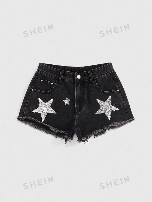 ROMWE Grunge Punk Women Fashionable Denim Shorts Decorated With Stars And Sequins