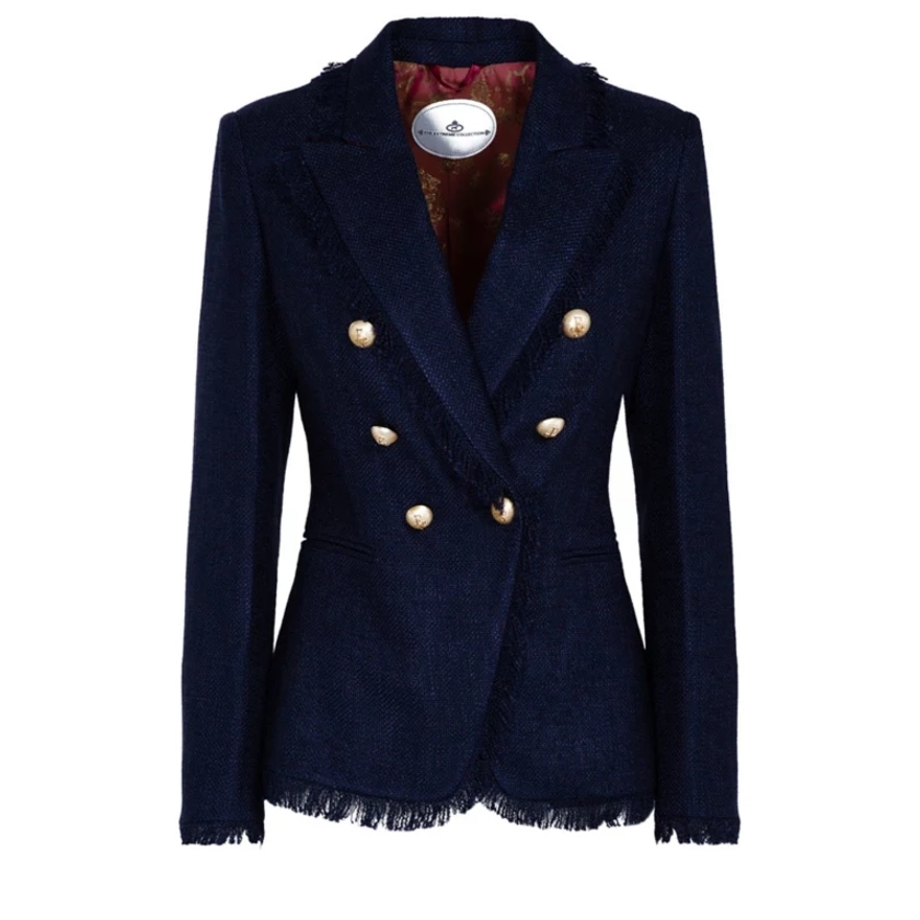 Double Breasted Navy Cotton Blend Blazer With Golden Buttons Treviso