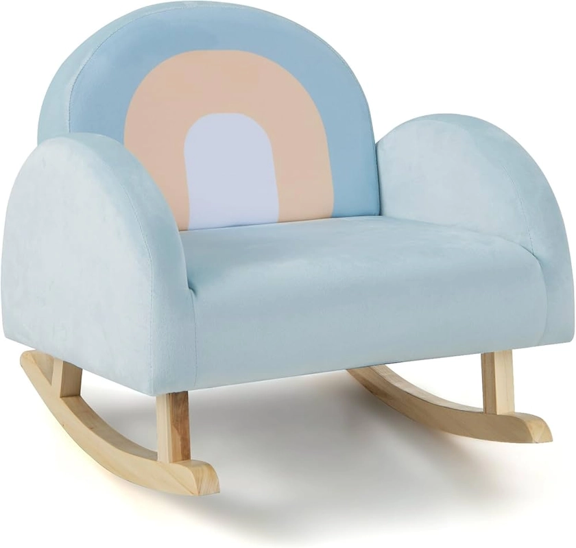 DREAMADE Fauteuil à Bascule Rembourré Enfant 3-5 Ans, Canapé d'Appoint en Velours Teddy avec Dossier Élargi, Pieds en Bois Massif, Anti-basculement, pour Salle de Jeux, Chambre, Salon (Azur)