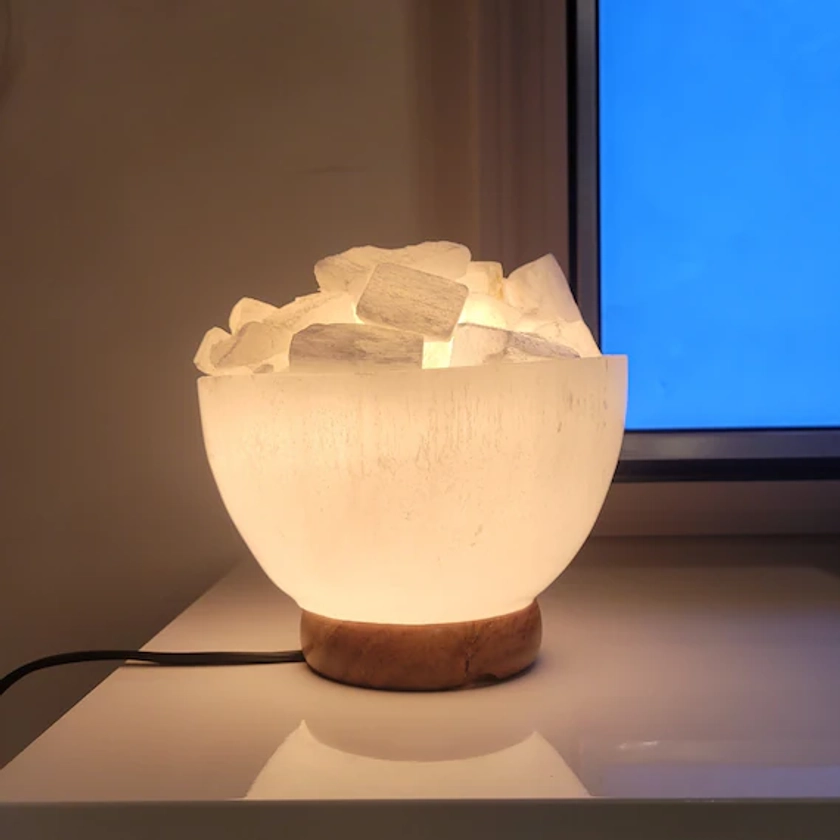 Selenite Lamp | Selenite Crystal Bowl Lamp with chunks **Moroccan Selenite Crystals** Wood Base | hand made | Moroccan selenite crystals