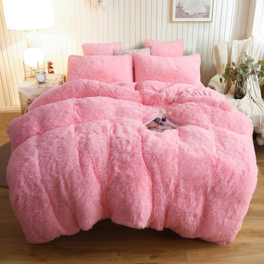 XeGe 3 Piece Fluffy Duvet Cover Set, Luxury Ultra Soft Faux Fur Fuzzy Comforter Cover Set, Velvet Shaggy Plush Furry Bedding Set with 2 Pillow Covers, Zipper Closure, Queen Size, Pink