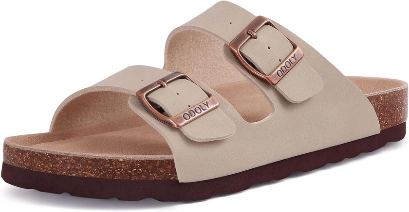 Women's Cork Footbed Slide Sandal, Comfortable Summer Beach Sandals with Adjustable Buckle