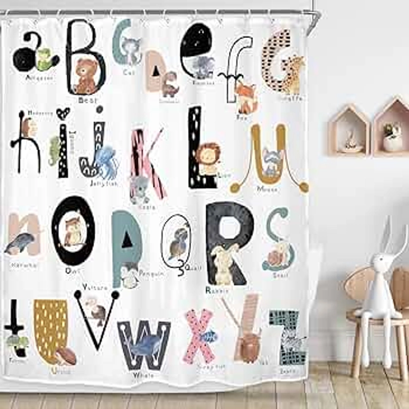 Riyidecor Kids ABC Learning Alphabet Shower Curtain for Bathroom Decor 60Wx72H Educational Study Boys Baby Children Funny Large A to Z Art Printed Fabric Polyester Waterproof 12 Pack Plastic Hooks