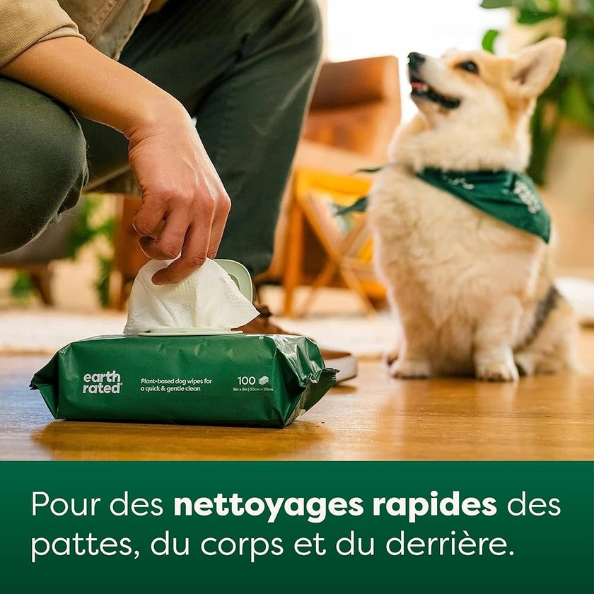 Earth Rated, Lingettes pour chiens, Épaisses et à Base de Plantes pour un Toilettage Facile des Pattes, du Corps et des Fesses, Parfum à la Lavande, 100 unités : Amazon.fr: Animalerie