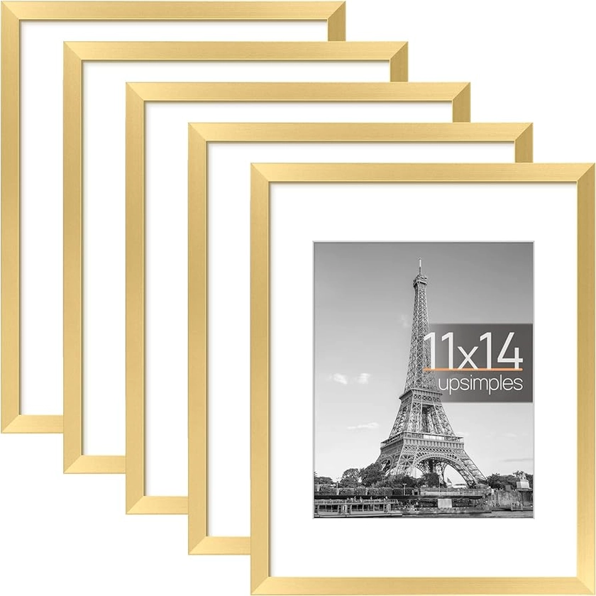 Amazon.com - upsimples 11x14 Picture Frame Set of 5, Display Pictures 8x10 with Mat or 11x14 Without Mat, Wall Gallery Photo Frames, Gold