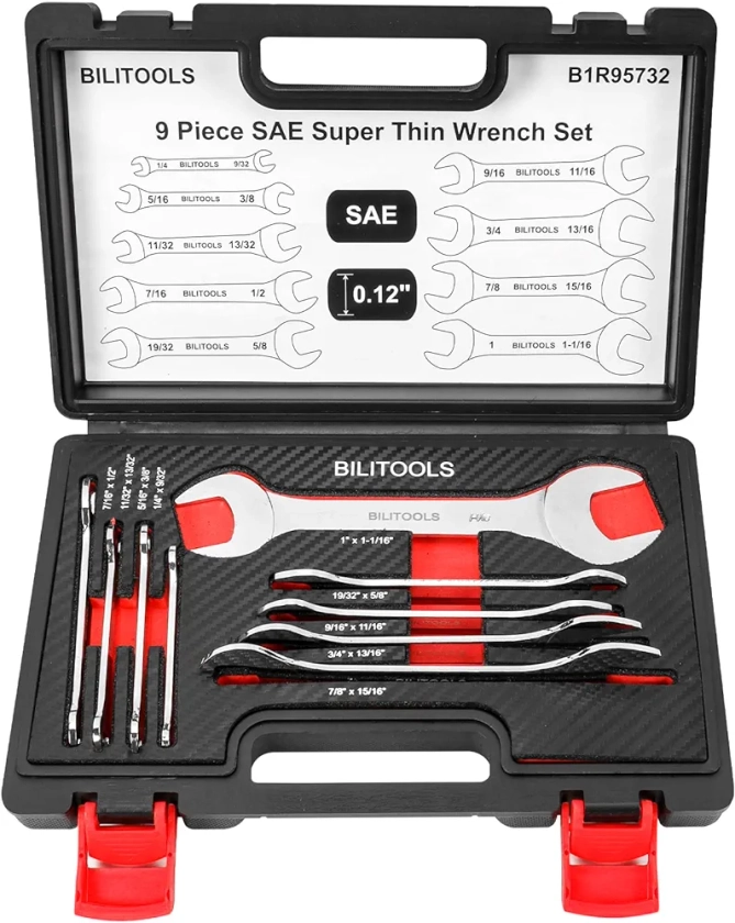 BILITOOLS Super Thin Open End Wrench Set, 9 Piece SAE 1/4 to 1-1/16 inch, CR-V Steel, HRC 40-45