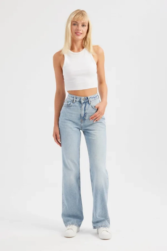 Hiccup - Light Blue Denim High Waist Straight Leg Jeans Women