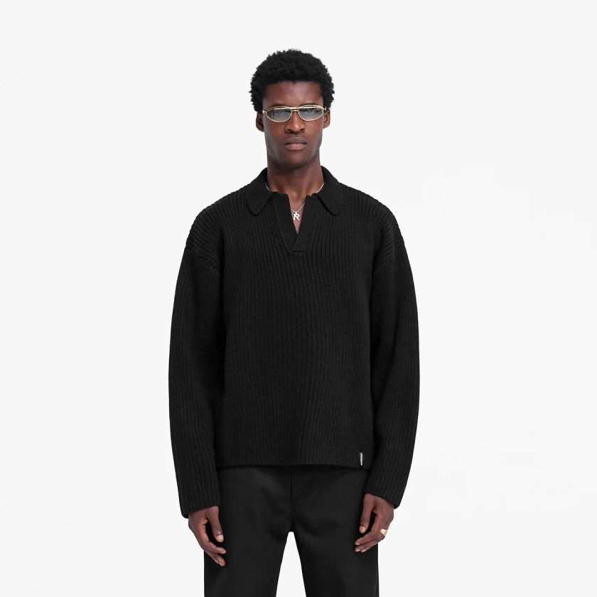 Ribbed Knit Polo - Jet Black