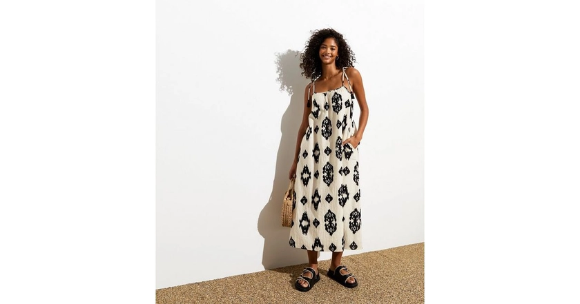 White Cotton Print Strappy Midi Dress | New Look