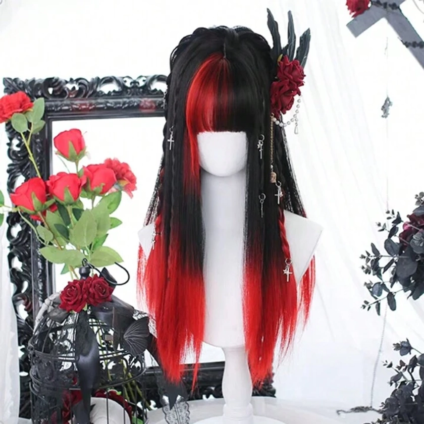 Peluca sintética cabello rojo y negro degradado con flequillo, peluca de cabello lacio y largo, resistente al calor, sintética natural para fiestas, Halloween, uso natural para mujeres, alta densidad