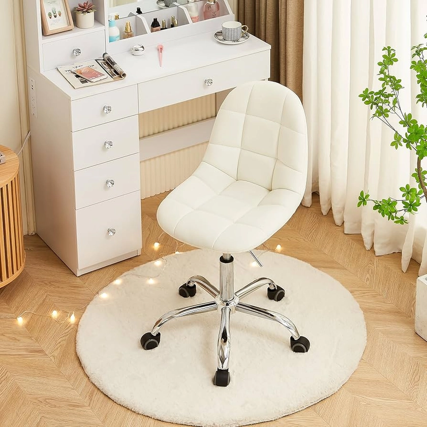 VECELO Armless Home Office Desk Chair, Height Adjustable, PU Leather 360 Degree Swivel with Wheels, Stylish Casual Vanity Seat for Study, Work, Makeup, Leisure, Weight up to 330 Lbs, White