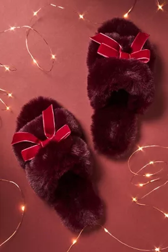 Maeve Faux-Fur Open-Toe Bow Slippers