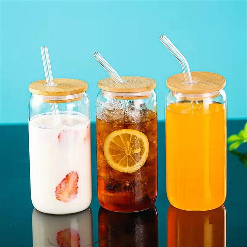 Glass Smoothie Iced Coffee Cup With Glass Straw & Bamboo Lid