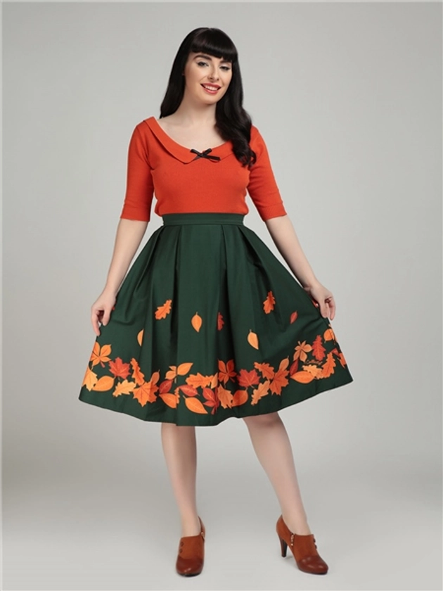 Marilu Leaves Border Print Swing Skirt - UK18; Green
