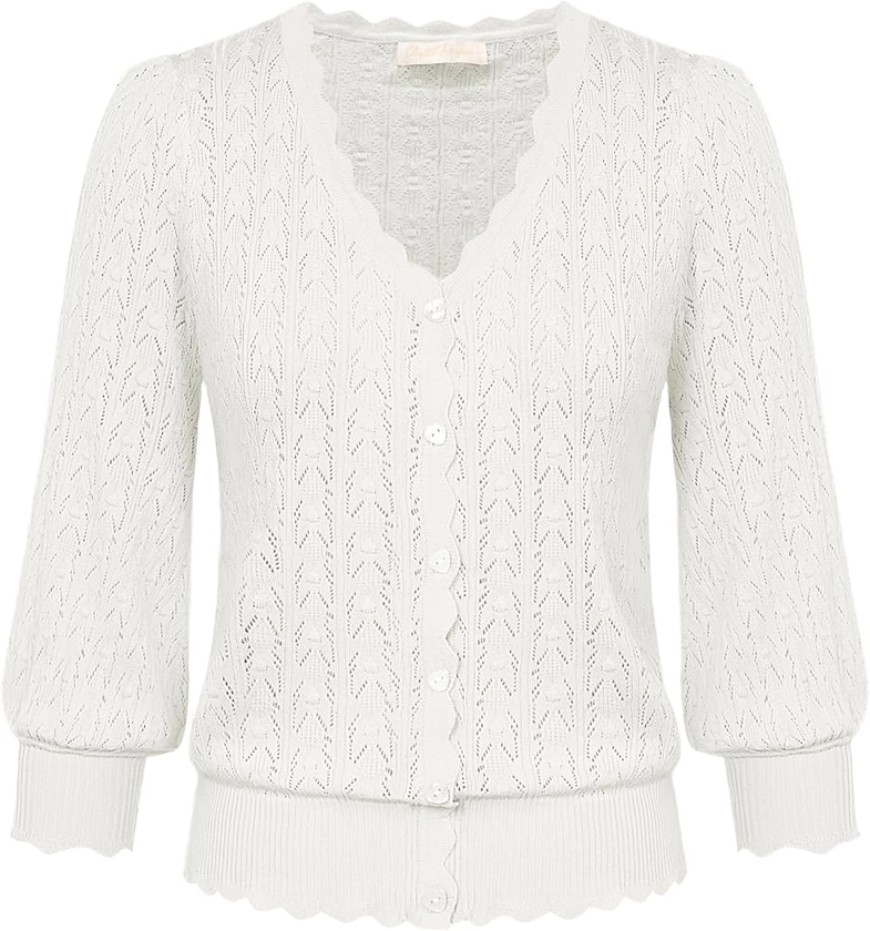 Belle Poque Women 3/4 Sleeve Cardigan V Neck Button Down Sweaters Ribbed Knit Shrug Crochet Cropped Cardigan