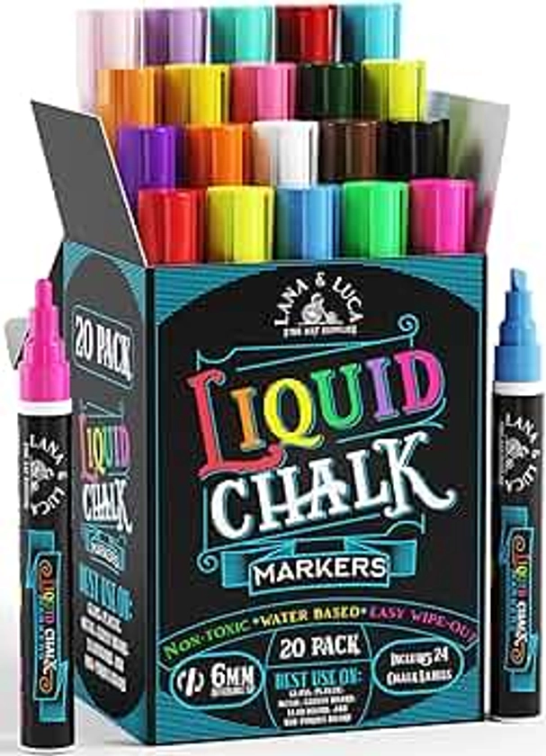 Liquid Chalk Markers for Blackboards - Bold Color Dry Erase Marker Pens - Chalk Marker for Chalkboards Signs, Blackboard, Glass- 6mm Reversible Tip (20 Pack) - 24 Chalk Labels Included