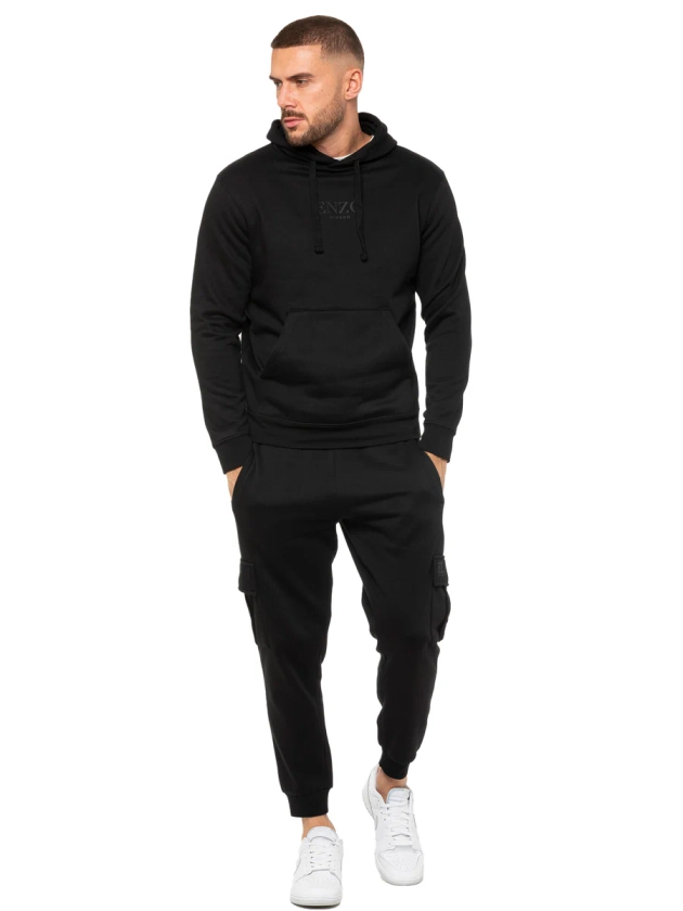 Pullover Hoodie and Cargo Joggers Set - Black