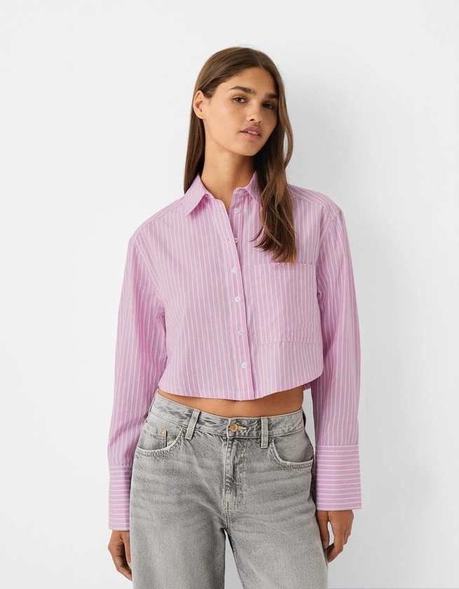 Chemise cropped popeline poche - Femme