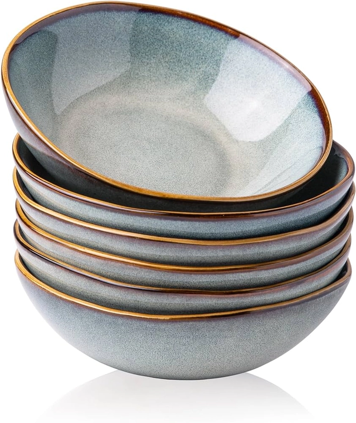 AmorArc Ceramic Cereal Bowls Set of 6, 24 oz Handmade Stoneware Bowls for Cereal Soup Salad Bread, Stylish Kitchen Bowls for Meal, Dishwasher & Microwave Safe, Greenish Blue, ACB007 : Amazon.ae