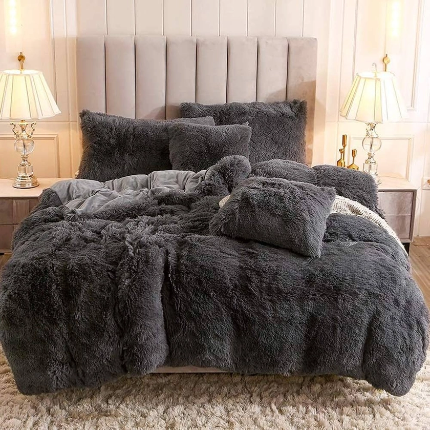 Michorinee Housse de Couette en Peluche 220x240 + 2 Taie d'oreiller 65x65 cm Parure de Lit Polaire Flanelle Chaud Hiver - Linge de lit 2 Personnes Duveteux avec Fermeture Éclair, Gris foncé