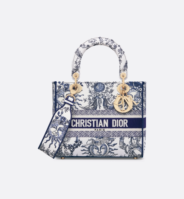 Medium Lady D-Lite Bag White and Navy Blue Toile de Jouy Soleil Embroidery | DIOR