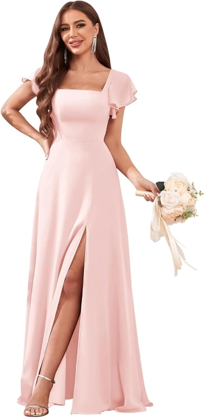 Amazon.com: Bolodoo Blush Pink Bridesmaid Dress for Women with Slit Short Sleeves Chiffon Long Formal Prom Evening Gowns Size 4 : Clothing, Shoes & Jewelry