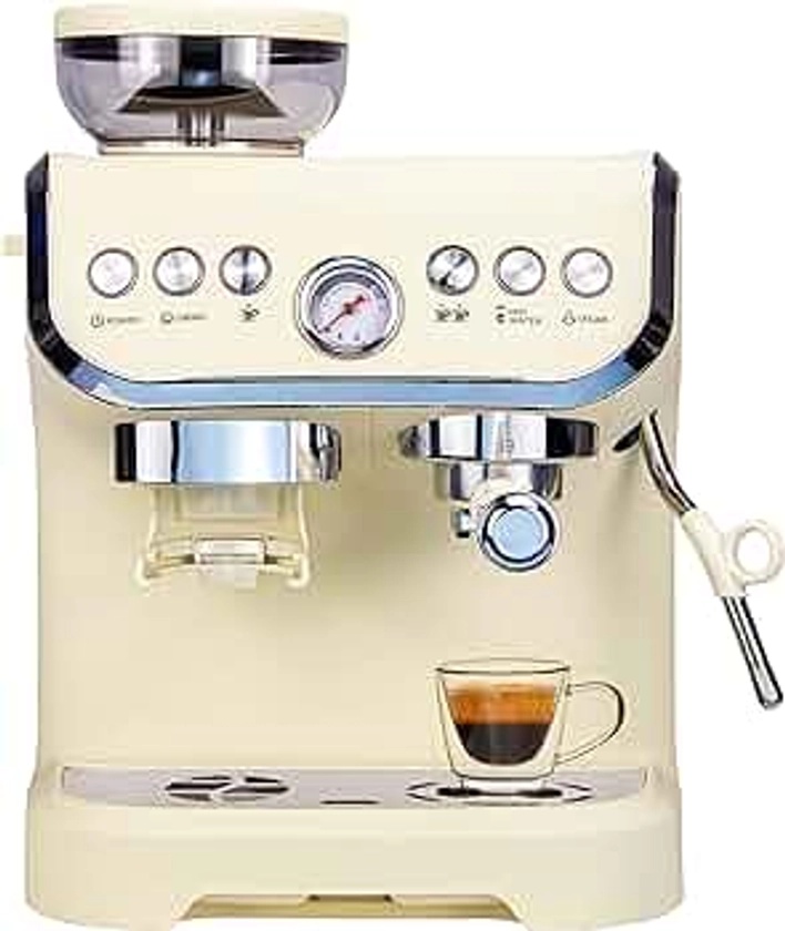 Espresso Machine 15 Bar, Coffee Maker With Milk Frother Steam Wand, Built-In Bean Grinder, Combo Cappuccino Machine with 70oz Removable Water Tank (ABS high-strength plastic shell)