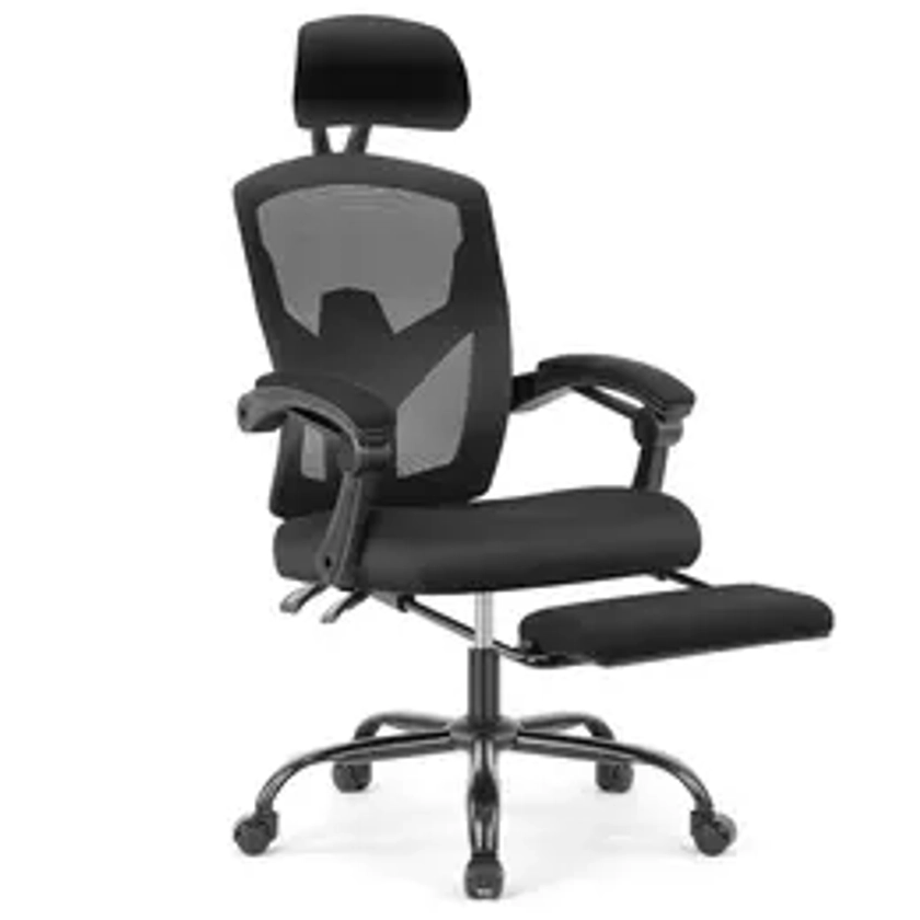 SweetFurniture Ergonomic Office Chair Reclining Office Chair with Foot Rest, High Back Computer Desk Chair Mesh Swivel Rolling Task Chair with Lumbar Support Pillow, Adjustable Headrest, Padded Armrests