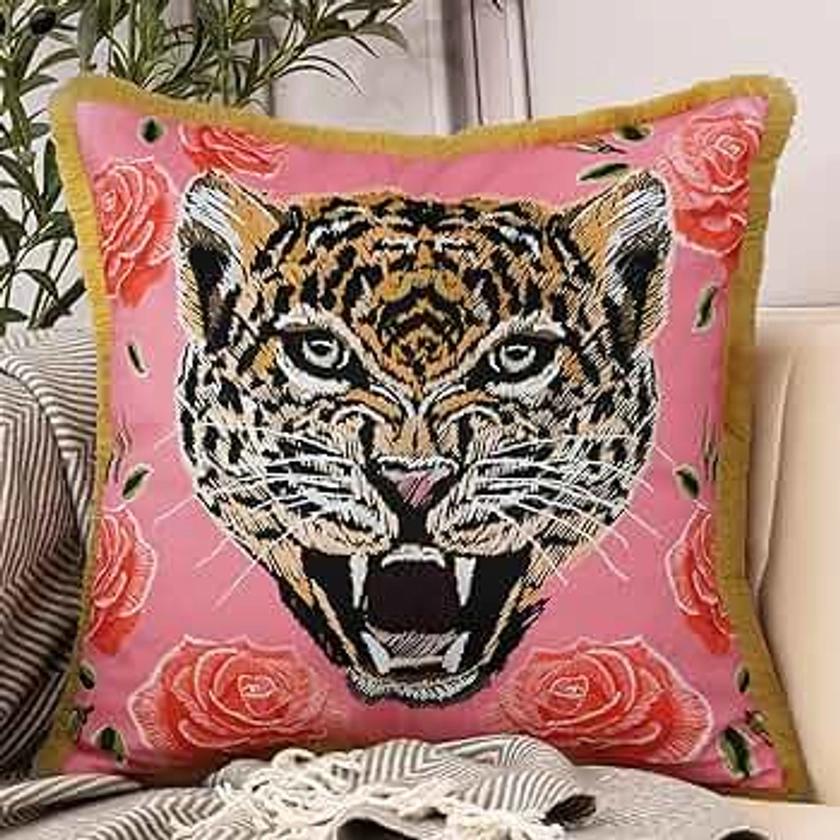 Tiger Floral Velvet Decorative Throw Pillow Cover 18x18 In Pink Pillow Covers Flower Animal Print Tiger Cushion Cover with Tassels Modern Decor Square Pillowcase for Sofa Couch Bedroom Living Room