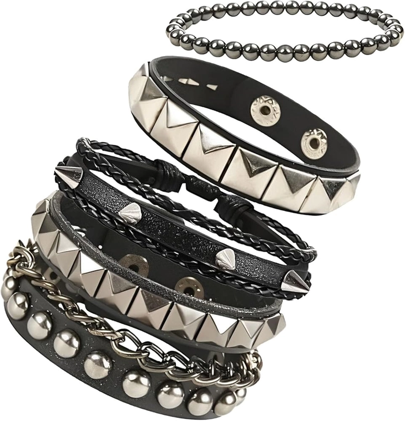 Nadiaen 4 Pieces Studded Bracelet Punk Accessories Black Gothic Bracelet Spike Bracelet Adjustable Rock Accessories with Metal Studs for Mens Womens Rock Vintage Gothic Style Adult