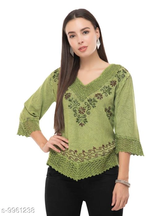 SAAKAA Women's Rayon Green Embroidery Top