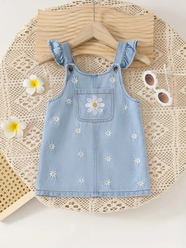 Baby's Casual Flower Embroidered Denim Cap Sleeve Overall - Temu Australia