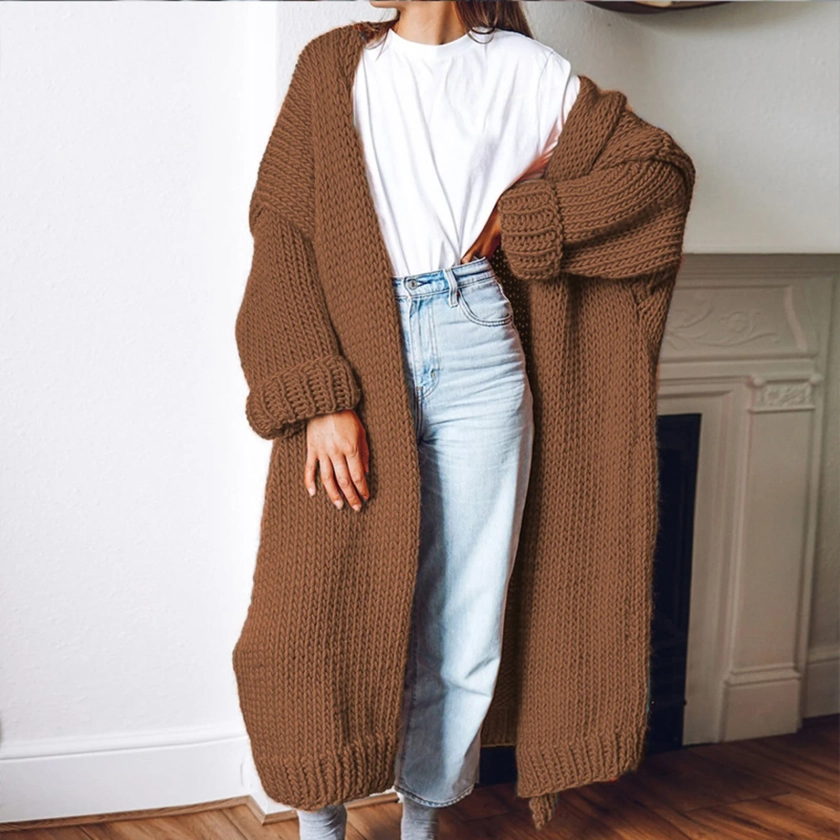 Ogiraw Womens Tops Cardigan for Women Cardigan Sweaters for Women Women's Autumn Winter Solid Color Long Oversized Loose Knit Sweater Cardigan Brown