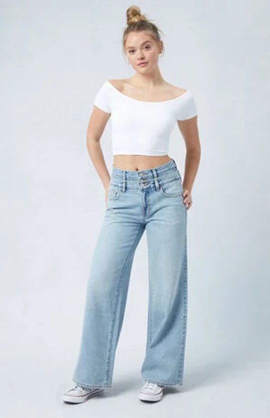 PacSun Eco Medium Indigo Double Waistband Mid Rise Baggy Jeans | PacSun