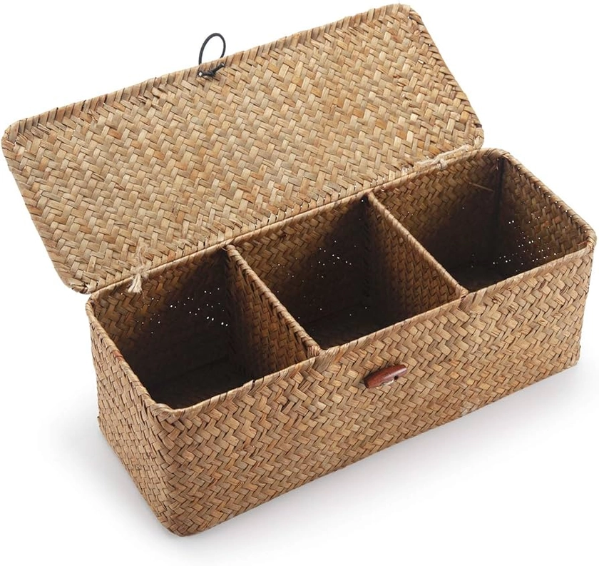 Seagrass Tank Basket with Lid Woven Toilet Roll Storage Basket with Sections Rectangular for Organize Snack Toys Tampon (Large Compartment 16.5inch L x 5.5inch W x 5.5inch H) Natural