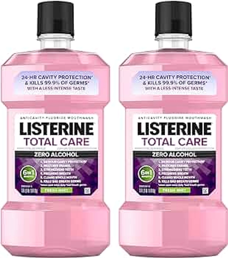Listerine Total Care Alcohol-Free Anticavity Mouthwash, 6 Benefit Fluoride Mouthwash for Bad Breath and Enamel Strength, Fresh Mint Flavor, 1 L (Pack of 2)