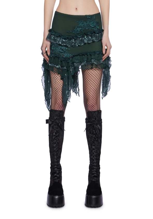 Widow Tiered Ruffle Floral Lace Mini Skirt - Green