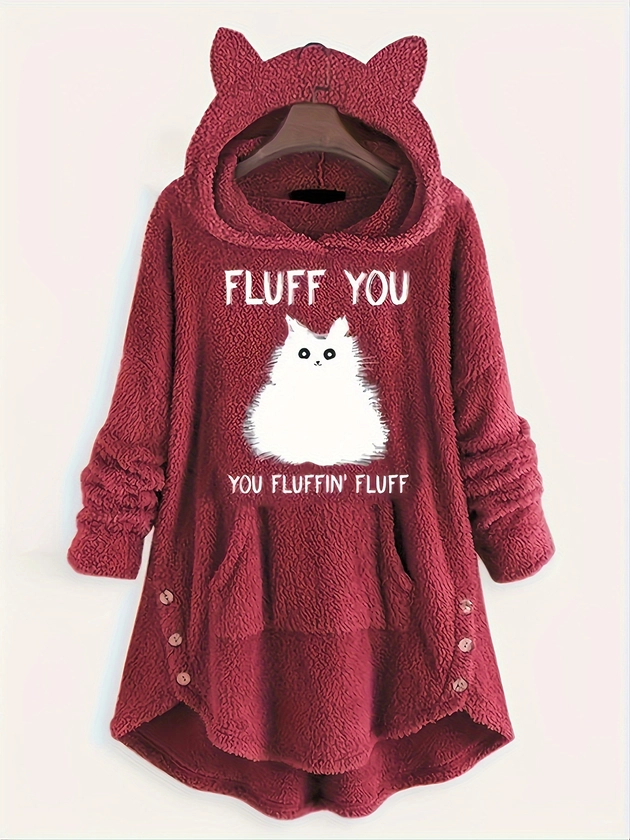 Plus Size Casual Sweatshirt, Women's Plus Slogan & Cat Print Fleece Button Decor Long Sleeve Cat Ear Button Decor Sweatshirt With Pockets