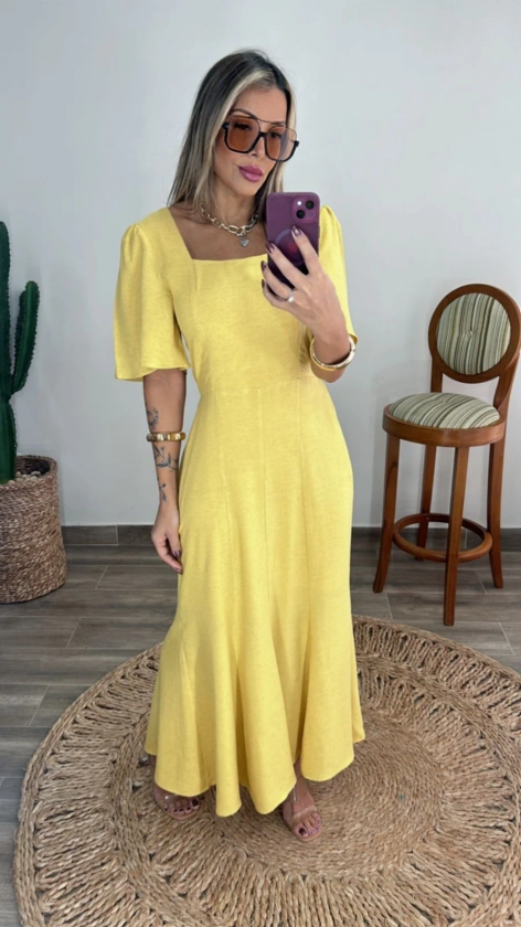 Vestido Sereia em linho Mostarda