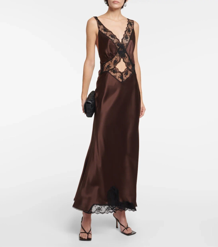 Aries lace-trimmed halterneck silk gown in brown - SIR | Mytheresa