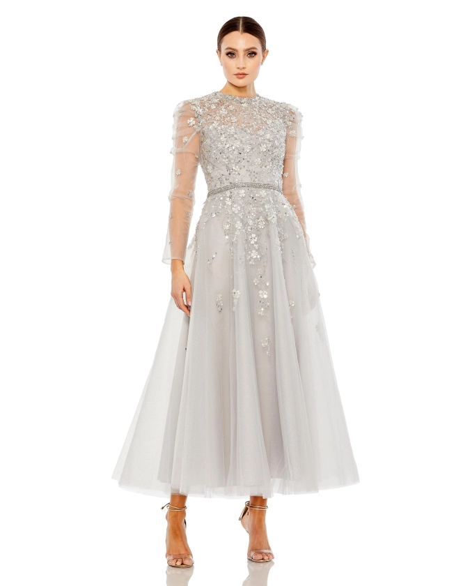 Embellished Gathered Long Sleeve A-Line Gown